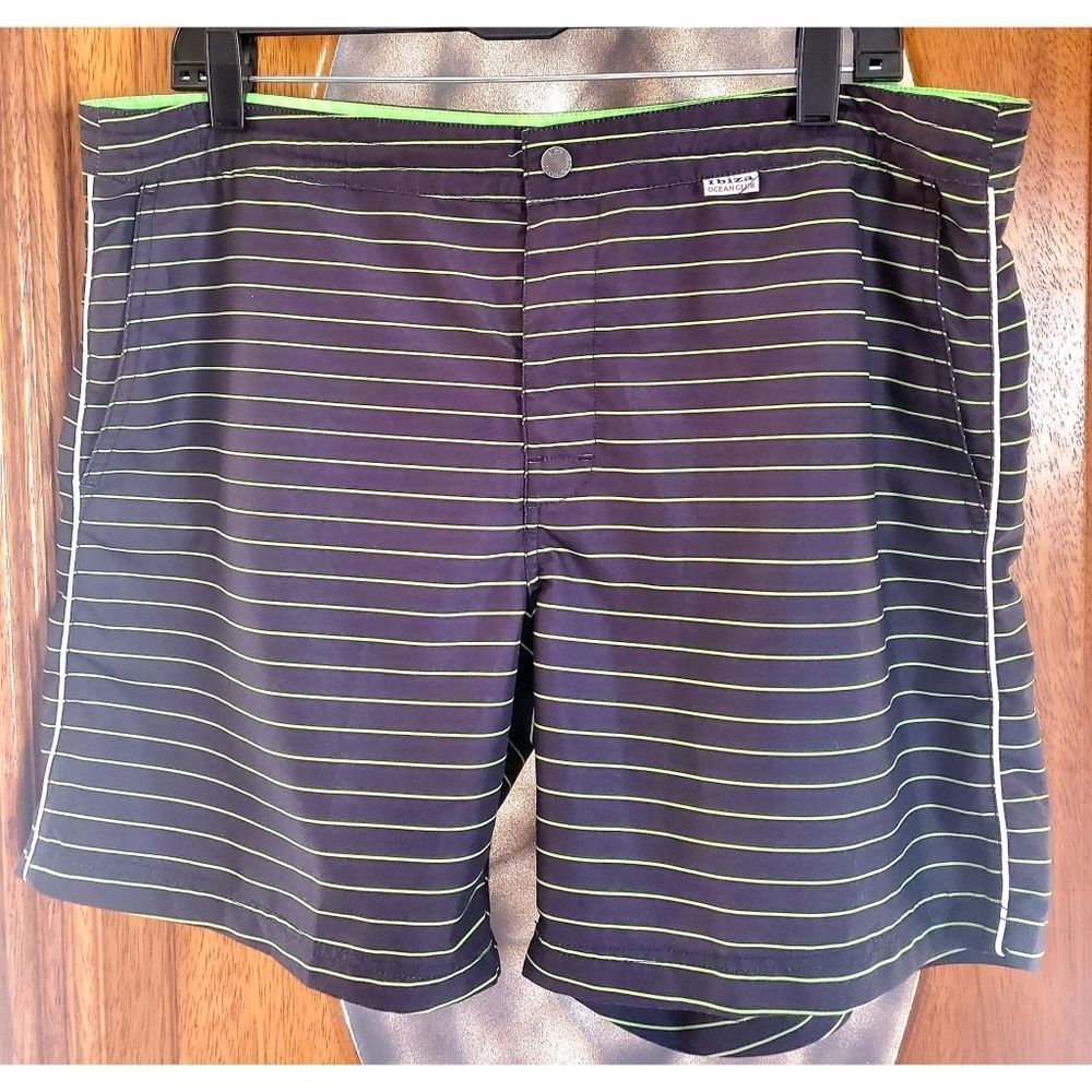 Ibiza Ocean Club Green and Black Striped Lined Swim Shorts